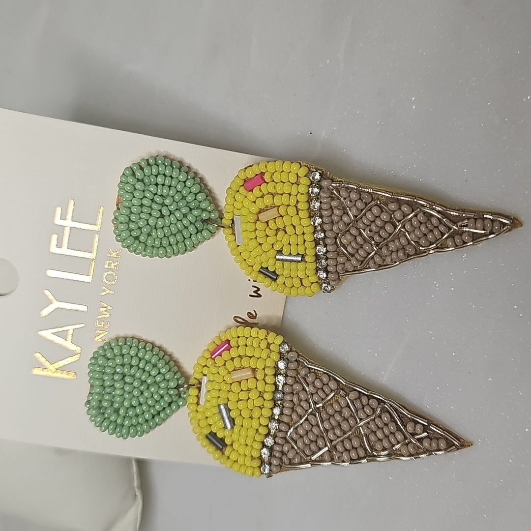 Beaded Ice Cream Cone Earrings - Yellow And Brown